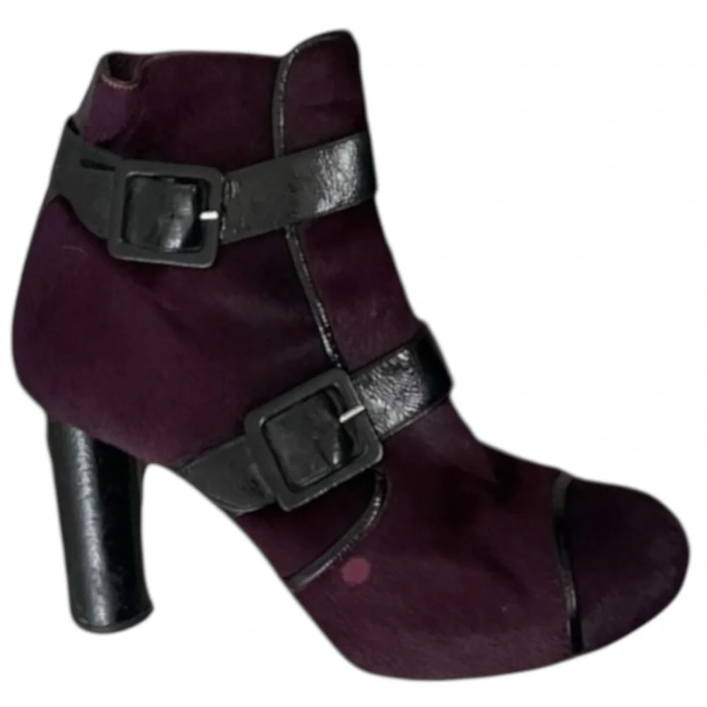 Sonia Rykiel Purple Fur Boots Women’s 8.5 Leather Buckle Block Heel‎